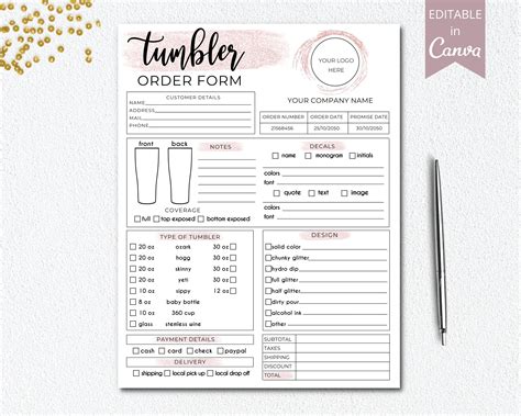 Downloadable Printable Free Tumbler Order Form Template